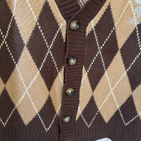 Playboy Pacsun Mens Argyle Knit Cardigan Sweater M Brown Retro Logo 90s Preppy - Picture 5 of 11